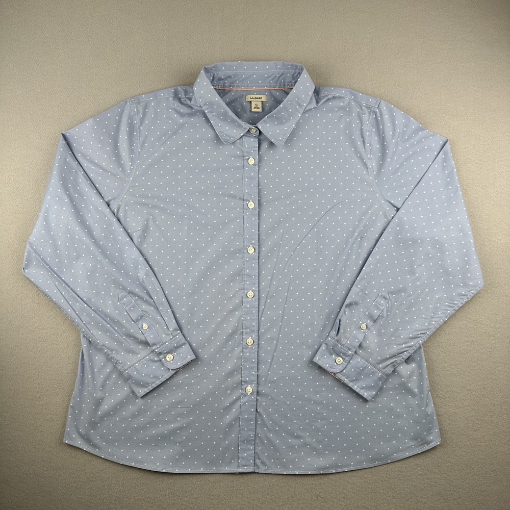 LL Bean Shirt Women's XL Regular Blue White Dots Button Up Long Sleeves